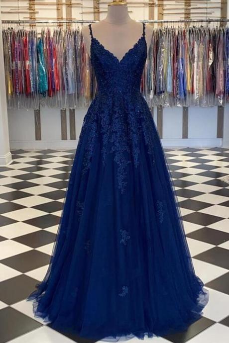 V-neck Tulle Long Prom Dresses with Appliques ,PL4580
