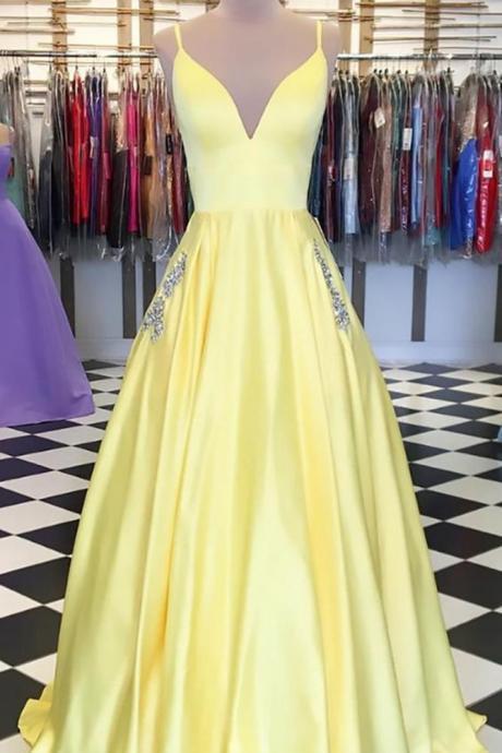 V-neck Yellow Long Prom Dresses ,PL4587