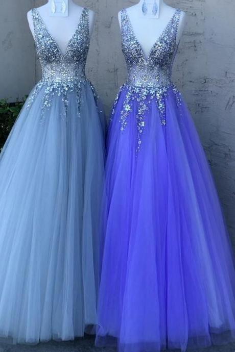 2021 V-neck A-line Prom Dresses Long with Beading,PL4589