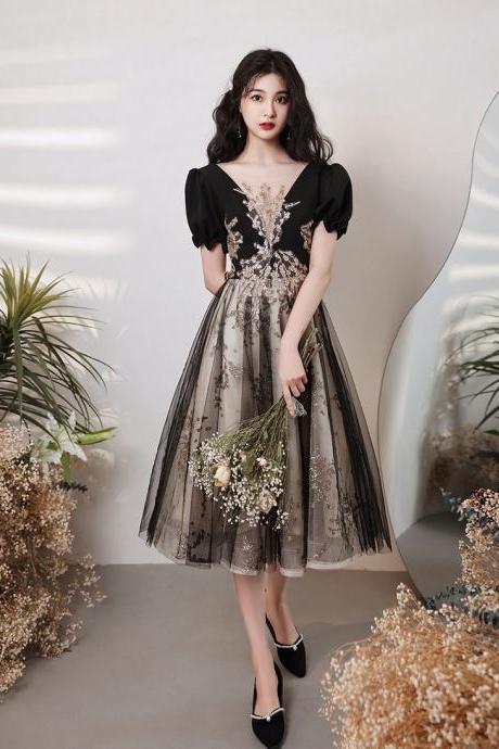 Black V Neck Tulle Lace Short Prom Dress, Black Lace Homecoming Dress,pl4592