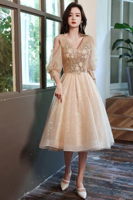Champagne V Neck Tulle Lace Short Prom Dress, Champagne Evening Dress,pl4593
