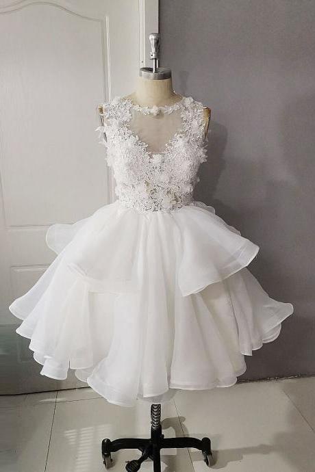 White Round Neck Tulle Lace Short Prom Dress, White Lace Homecoming Dress,pl4596