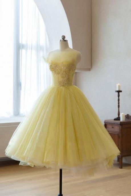 Yellow Tulle Beads Short Prom Dress Yellow Homecoming Dress,pl4597