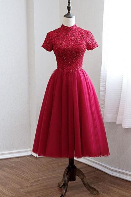 Burgundy Lace Tulle Prom Dress, Burgundy Bridesmaid Dress,pl4611
