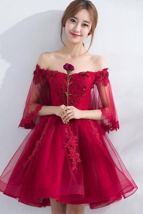 Burgundy Off Shoulder Tulle Lace Short Prom Dress, Burgundy Homecoming Dress,pl4620