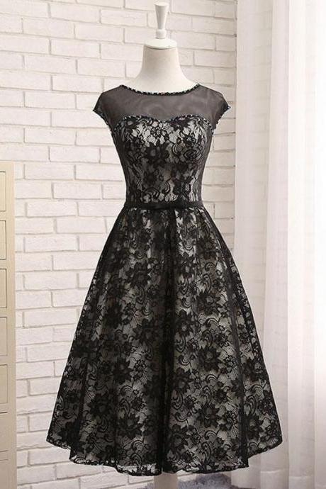Black Lace Tea Length Prom Dress, Black Evening Dress,pl4626