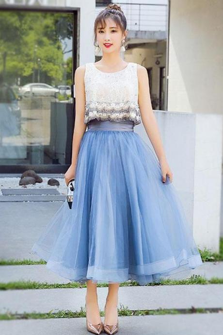 Blue Lace Tulle Tea Length Prom Dress, Homecoming Dress,pl4631