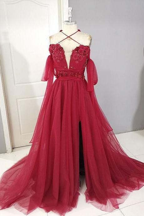 Dark Red Tulle Lace Long Prom Dress, Red Tulle Lace Evening Dress,pl4637