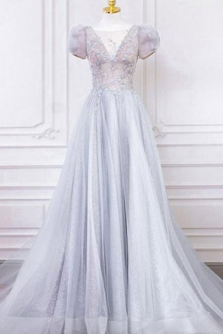 Gray Round Neck Tulle Lace Long Prom Dress, Gray Tulle Evening Dress,pl4638