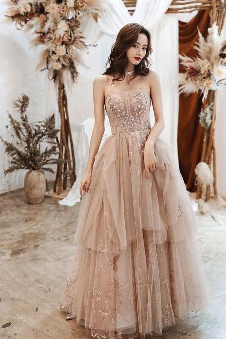 A-line Champagne Tulle Lace Long Prom Dress Lace Evening Dress,pl4640