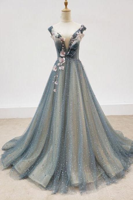 Gray Blue V Neck Tulle Beads Long Prom Dress Gray Blue Evening Dress,pl4645