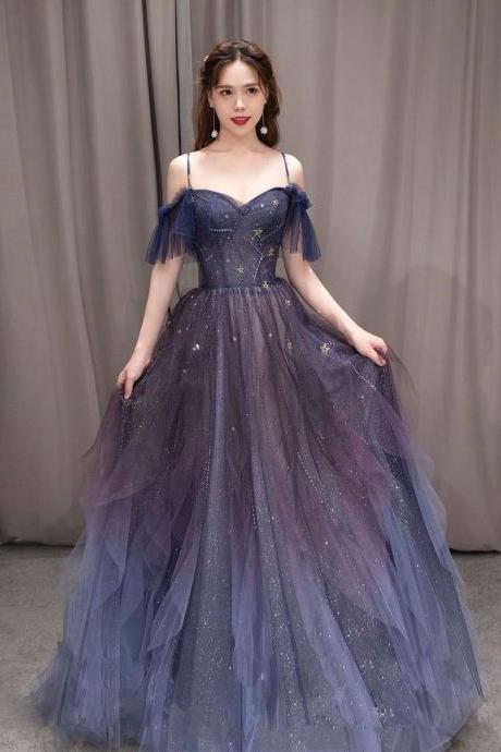 A-line Dark Purple Tulle Long Prom Dress Purple Evening Dress,pl4648
