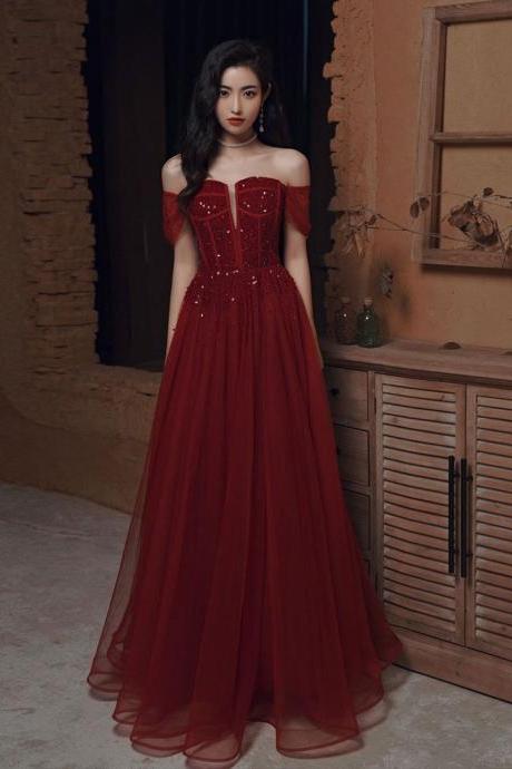 Burgundy Sweetheart Tulle Sequin Long Prom Dress Burgundy Formal Dress,pl4649