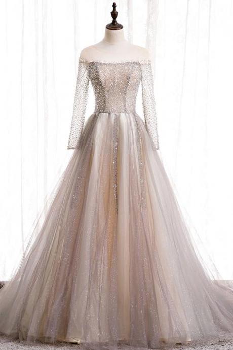 Light Champagne Tulle Sequin Long Prom Dress Sequin Evening Dress,pl4651