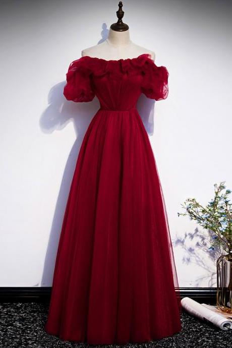 Simple Tulle Burgundy Long Prom Dress Burgundy Evening Dress,pl4663