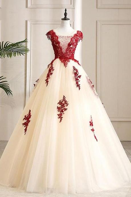 Burgundy Tulle Beads Lace Long Prom Dress Sweet 16 Dress,pl4675