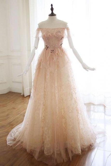 Champagne Tulle Lace Long Prom Dress Champagne Tulle Lace Evening Dress,pl4682