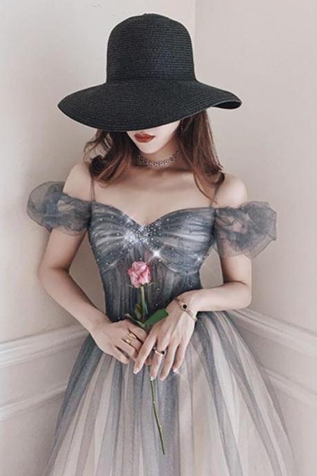 Gray Sweetheart Tulle Long Prom Dress Off Shoulder Tulle Formal Dress,pl4683