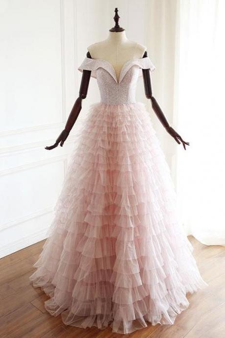Pink Sweetheart Off Shoulder Tulle Long Prom Dress Pink Evening Dress,pl4684
