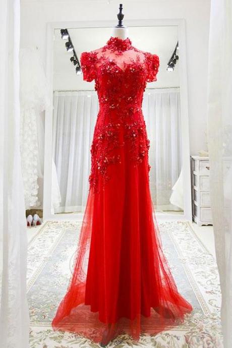 Red Tulle Lace Long Prom Dress, Red Lace Tulle Formal Dress,pl4691