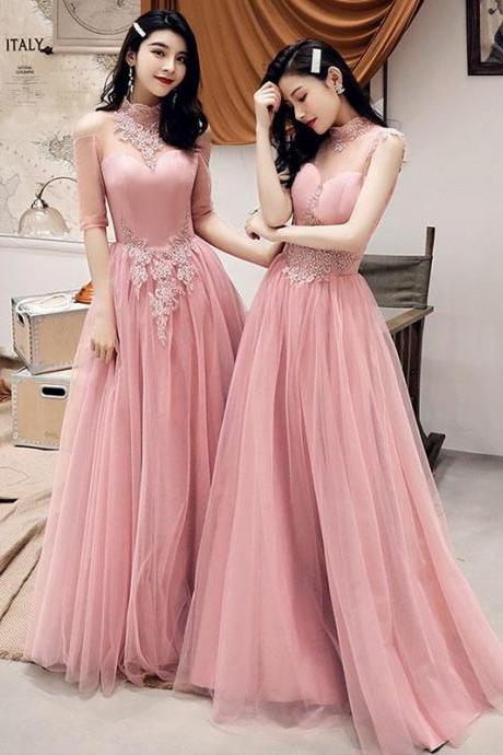 Pink Tulle Lace Long Prom Dress, Pink Tulle Lace Bridesmaid Dress,pl4694