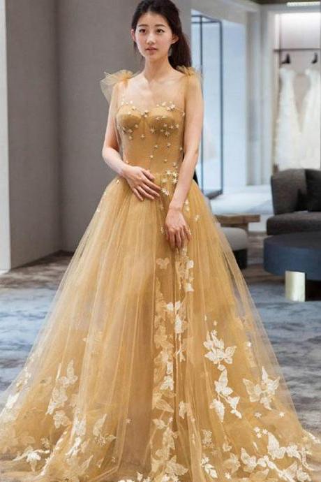 Champagne Tulle Lace Long Prom Dress, Tulle Lace Evening Dress,pl4697