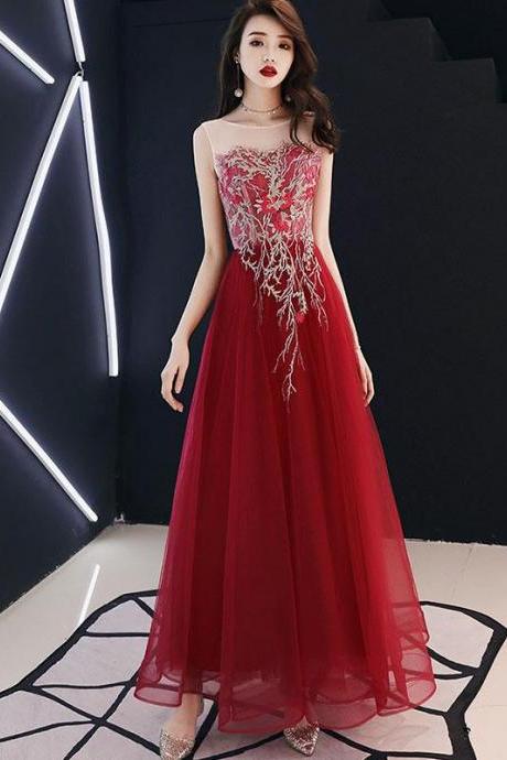 Burgundy Lace Tulle Long Prom Dress, Burgundy Tulle Evening Dress,pl4700
