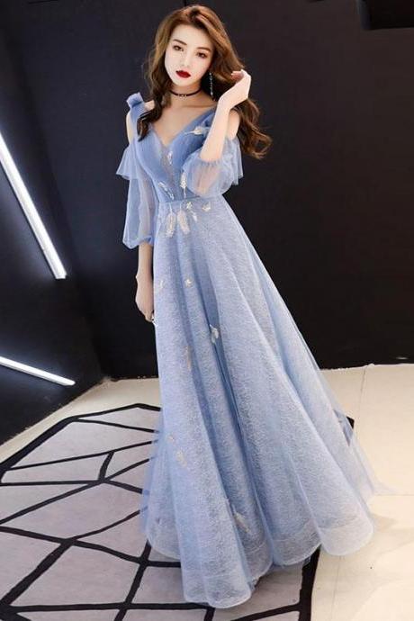 Blue V Neck Tulle Lace Long Prom Dress, Blue Evening Dress,pl4701