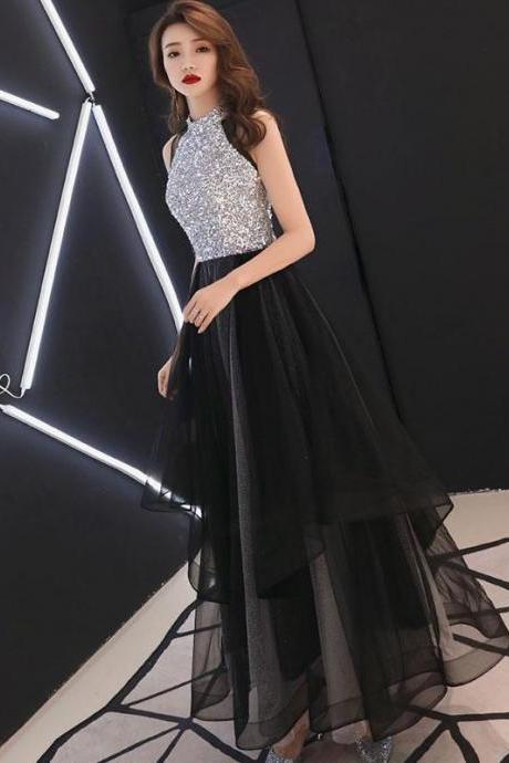 Black Sequin Tulle Long Prom Dress, Black Tulle Evening Dress,pl4713