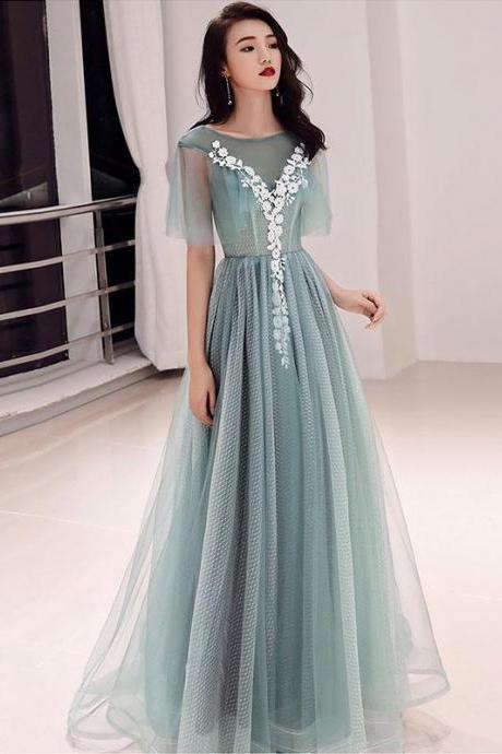 Green Round Neck Tulle Lace Long Prom Dress, Green Evening Dress,pl4714