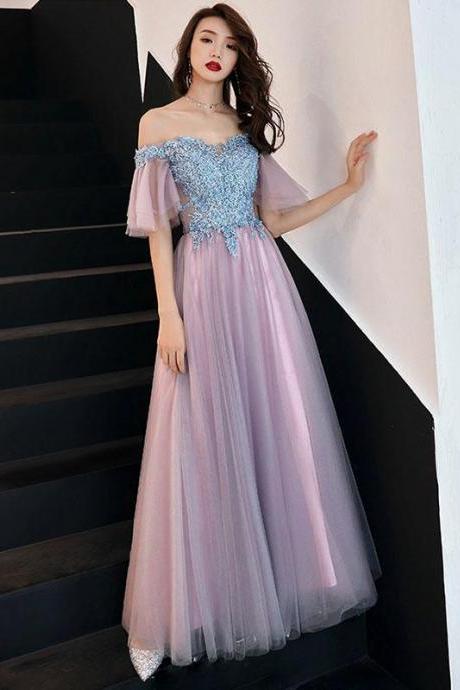 Pink Tulle Lace Long Prom Dress, Pink Tulle Lace Bridesmaid Dress,pl4716