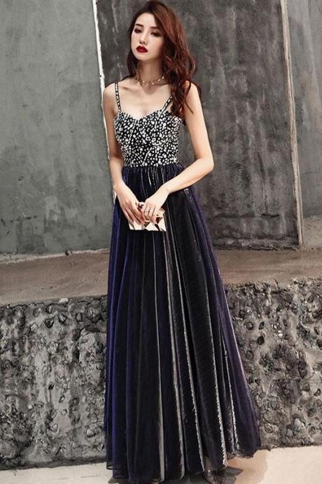 Dark Blue Sweetheart Neck Tulle Long Prom Dress, Blue Evening Dress,pl4719