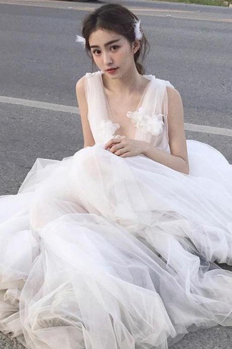 Elegant V Neck Tulle Long Prom Dress, White Tulle Evening Dress,pl4729