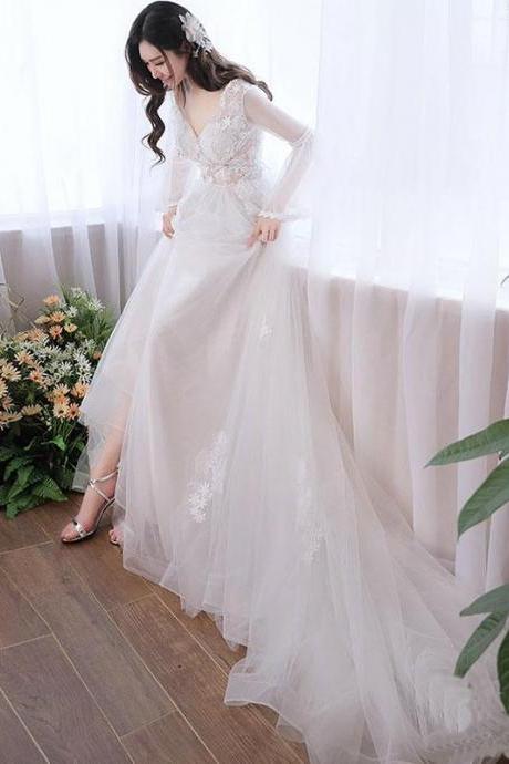 White V Neck Tulle Lace Long Prom Dress, White Evening Dress,pl4741