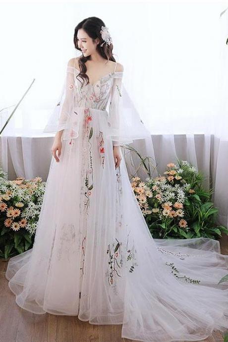 White V Neck Tulle Lace Applique Long Prom Dress, White Evening Dress,pl4742