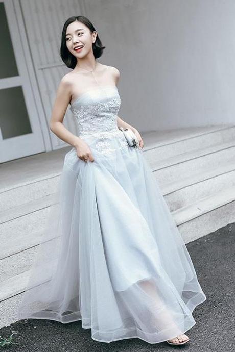 Gray Tulle Lace Long Prom Dress, Lace Evening Dress,pl4746