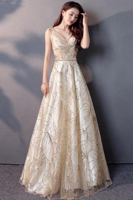 Champagne V Neck Long Prom Dress, Evening Dress,pl4747