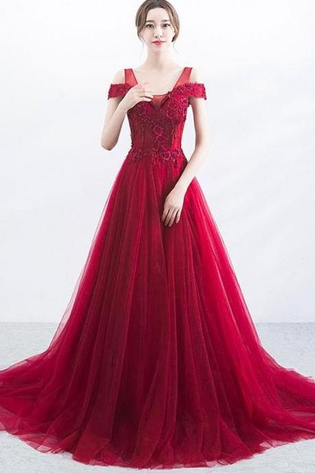Burgundy V Neck Tulle Lace Applique Long Prom Dress, Burgundy Evening Dress,pl4748
