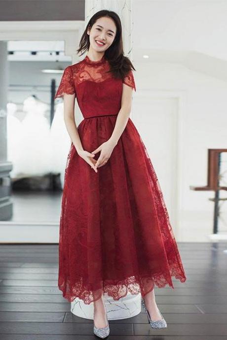 Burgundy Lace Short Prom Dress, Burgundy Evening Dress,pl4750