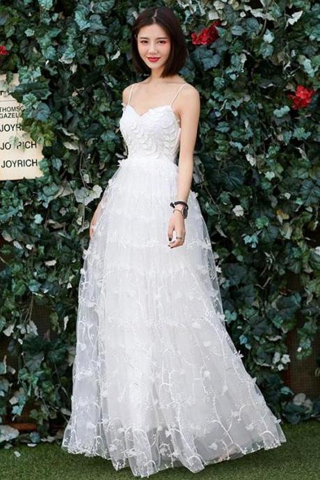 White V Neck Tulle Long Prom Dress, White Evening Dress,pl4757