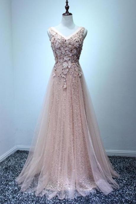 Light Pink Tulle Swquins Long Prom Dress, Evening Dress,pl4758