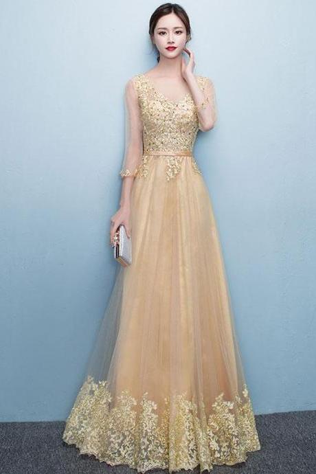 Glod Lace Tulle Long Prom Dress, Lace Evening Dress,pl4759