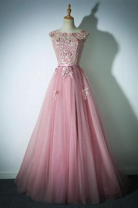 Pink Lace Tulle Long Prom Dress, Pink Evening Dress,pl4766