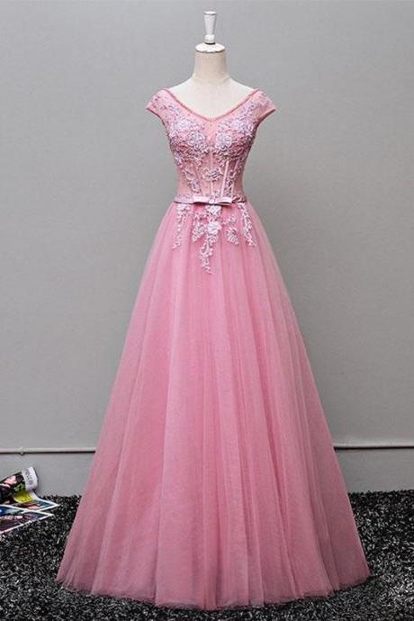 A Line V Neck Tulle Long Prom Dress, Lace Evening Dress,pl4767