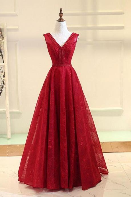Burgundy V Neck Lace Long Prom Gown, Burgundy Evening Dress,pl4773
