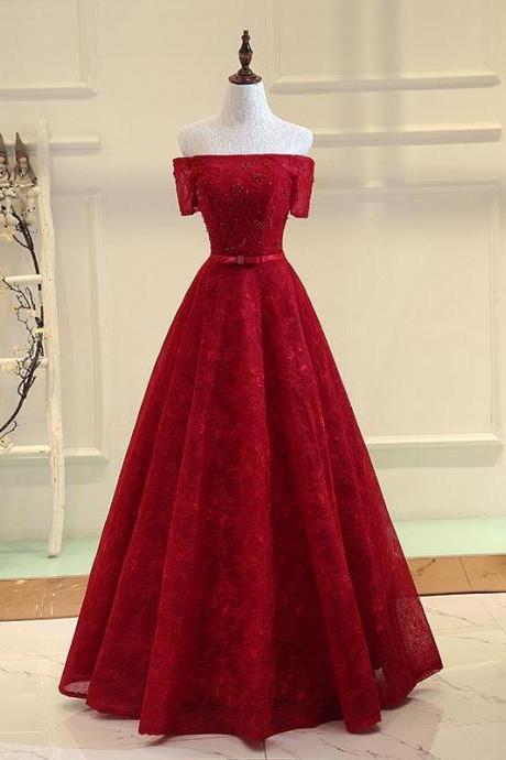 Burgundy A Line Lace Long Prom Dress, Burgundy Evening Dress,pl4775