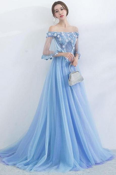 Unique Blue Tulle Off Shoulder Long Prom Dress, Blue Evening Dress,pl4777