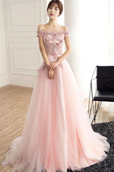 Pink Tulle Lace Applique Long Prom Dress, Pink Evening Dress,pl4780