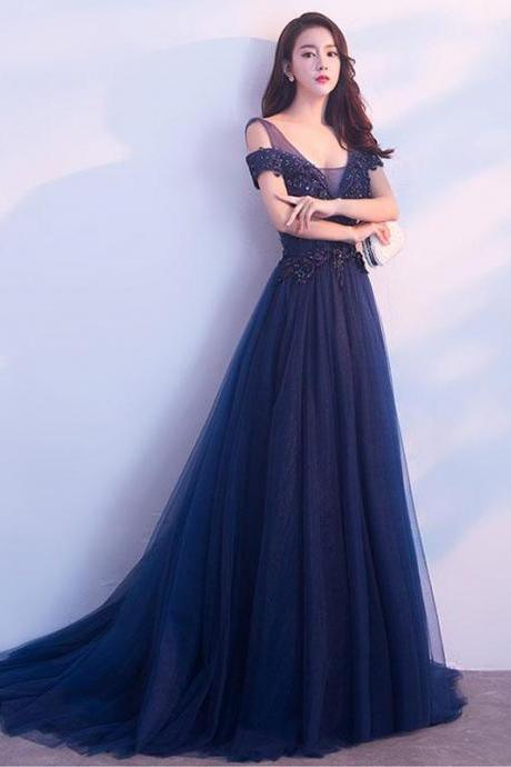 Dark Blue Tulle Long Prom Dress, Blue Evening Dresses,pl4781