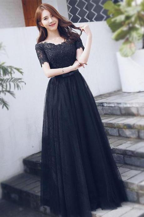 Black Lace Tulle Long Prom Dress, Short Sleeve Formal Dress,pl4782